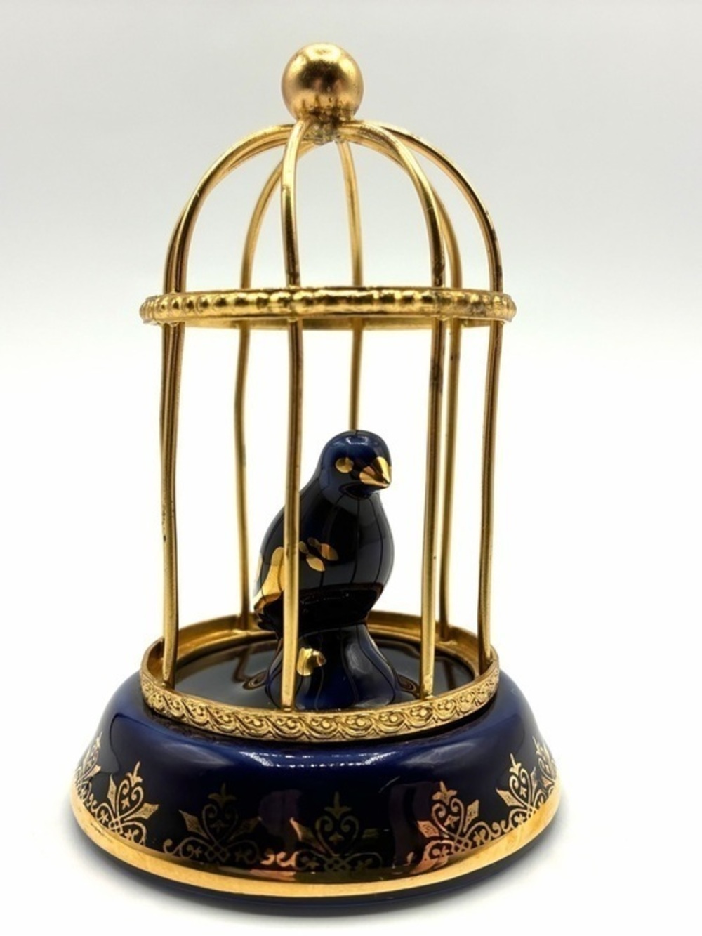 Vintage Limoges France Porcelain Bird In Cage Figurine Cobalt Blue Gold Gilt